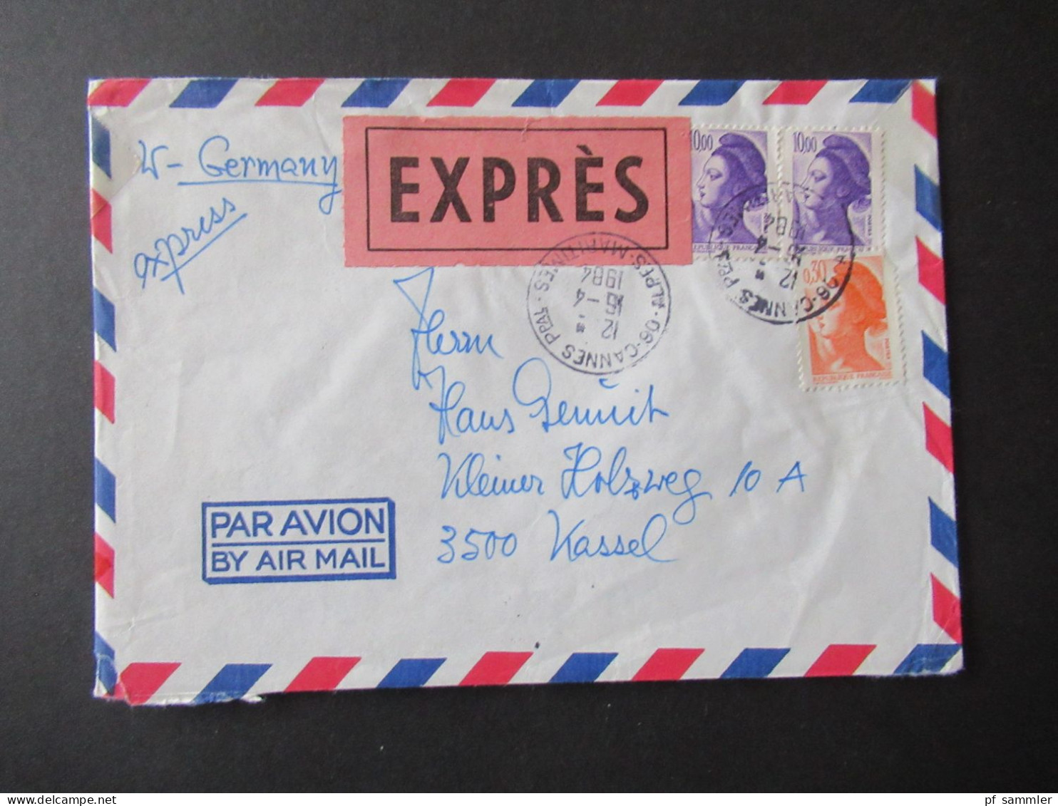 Frankreich 1984 Par Avion Expres Cannes - Kassel / Stempel Frankfurt Am Main Flughafen / Umschlag Inter Continental - Covers & Documents