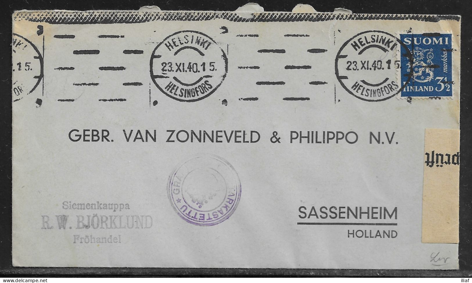 Finland. German Censored Cover. Stamps Sc. 176 On Letter, Sent From Helsinki On 23.11.40 To Holland. Blue Seal “Checked” - Briefe U. Dokumente