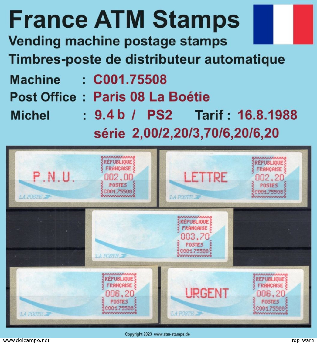 Frankreich France ATM Stamps LSA C001.75508 Paris 08 / Michel 9.4 B / Serie PS2 ** / Distributeurs Automatenmarken - 1988 « Comète »