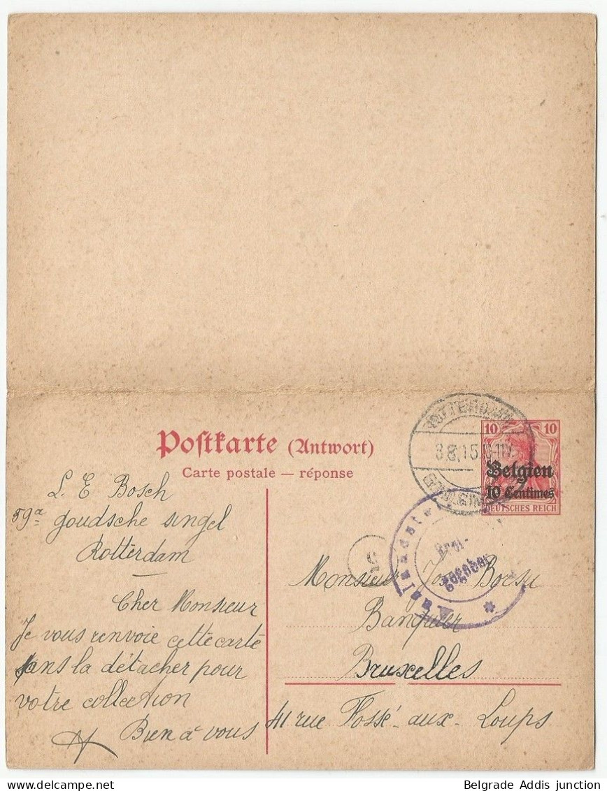 Belgique Belgie Allemagne Entier Postal Double Avec Réponse Censure 1915 Occupation Allemande Neufchateau - Occupation Allemande