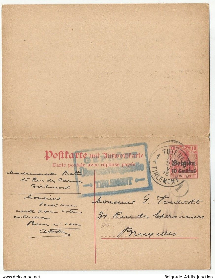 Belgique Belgie Allemagne Entier Postal Double Avec Réponse Censure 1915 Thienen Tirlemont Rotterdam - Occupation Allemande