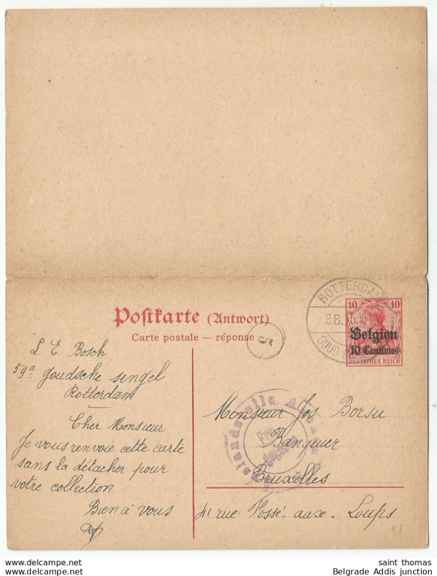 Belgique Belgie Allemagne Entier Postal Double Avec Réponse Censure 1915 Thienen Tirlemont Rotterdam - Occupation Allemande