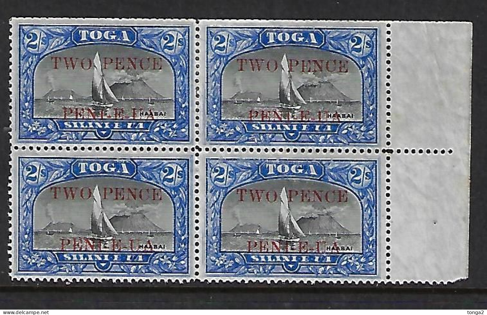 #h362 - Early Tonga 1923 Shows 2 Volcano  SG 68a Block Of 4 MH -  2d On 2/-  Cat £48.00 - Vulkanen