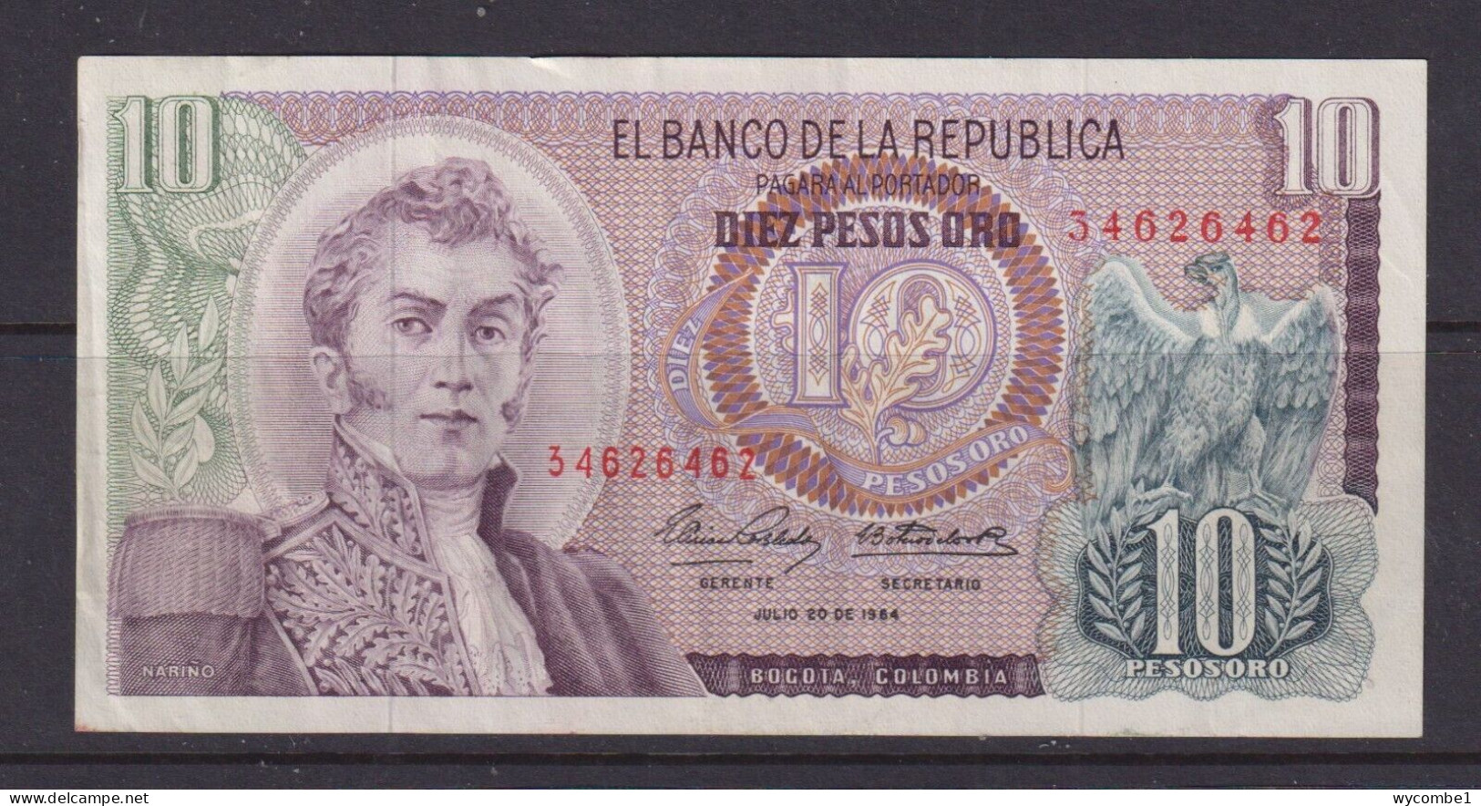 COLOMBIA - 1964 10 Pesos Circulated Banknote As Scans - Kolumbien