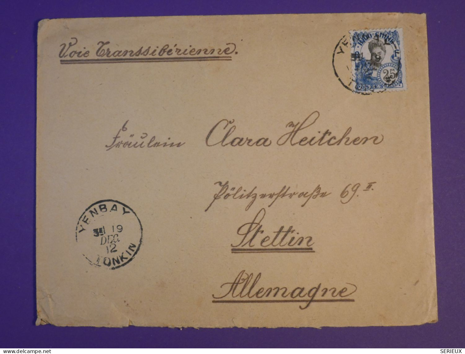 DG1  INDOCHINE BELLE LETTRE 1912 VOIE TRANSSIBERIENNE PETIT BUREAU YENBAY   A  STETTIN ALLEMAGNE   +AFF. INTERESSANT+++ - Brieven En Documenten