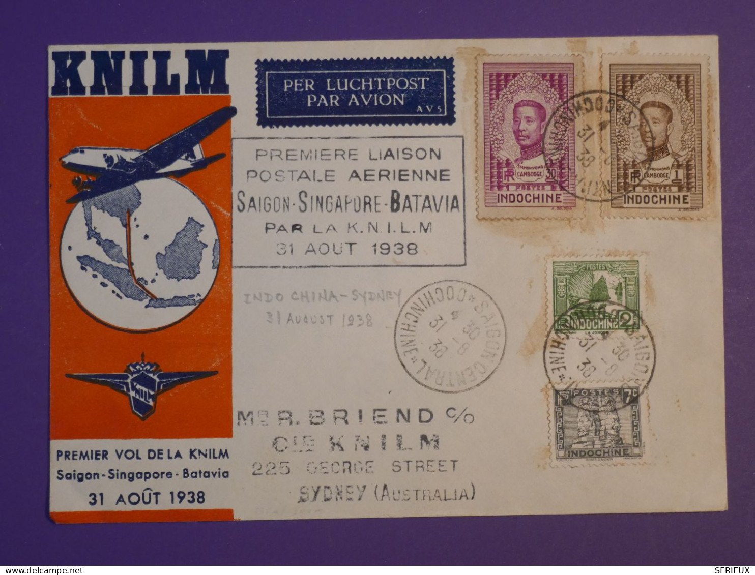 DG1  INDOCHINE BELLE LETTRE RARE  1938 1ER VOL SINGAPORE A BATAVIA    +ARR. SYDNEY  +AFF. INTERESSANT+++ - Briefe U. Dokumente