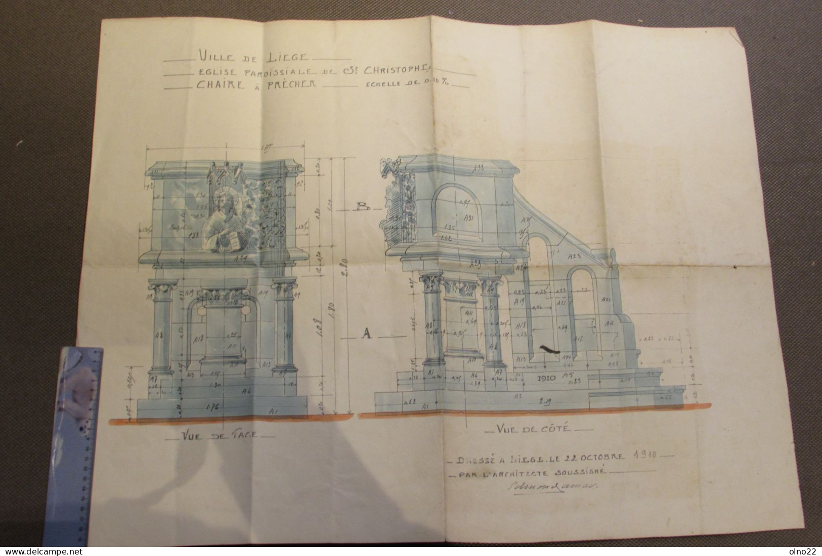 EGLISE PAROISSIALE ST.CHRISTOPHE A LIEGE-PLAN DE LA CHAIRE A PRECHER-DRESSE A LIEGE LE 22/10/1910-SIGNE DE L'ARCHITECTE - Architecture