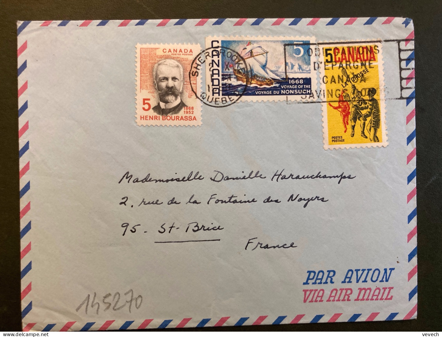 LETTRE Par Avion Pour La FRANCE TP LA CROSSE 5 + VOYAGE DU NONSUCH 5 + HENRI BOURASSA 5 OBL.MEC.2 X 1968 SHERBROOCKE - Briefe U. Dokumente