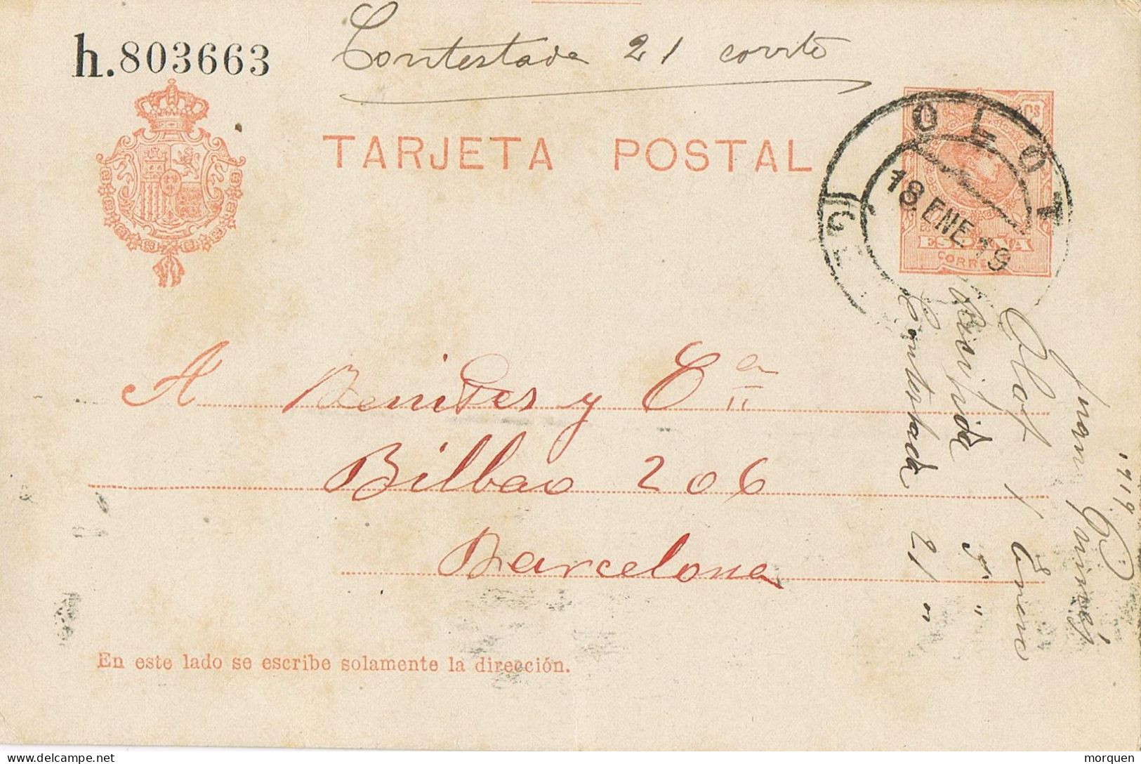 53427. Entero Postal OLOT (Gerona) 1919. Alfonso XIII Medallon - 1850-1931