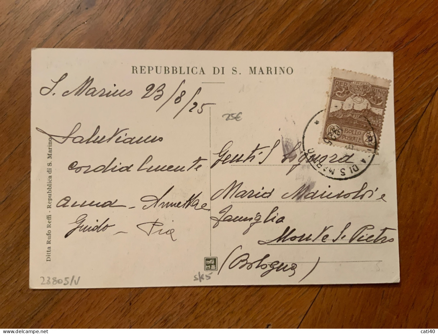 SAN MARINO 20 C. Su Cartolina LE TRE TORRI DALLA TERRAZZA DELPALAZZO PER MONTE S.PIETRO IL 23/8/25 - Briefe U. Dokumente