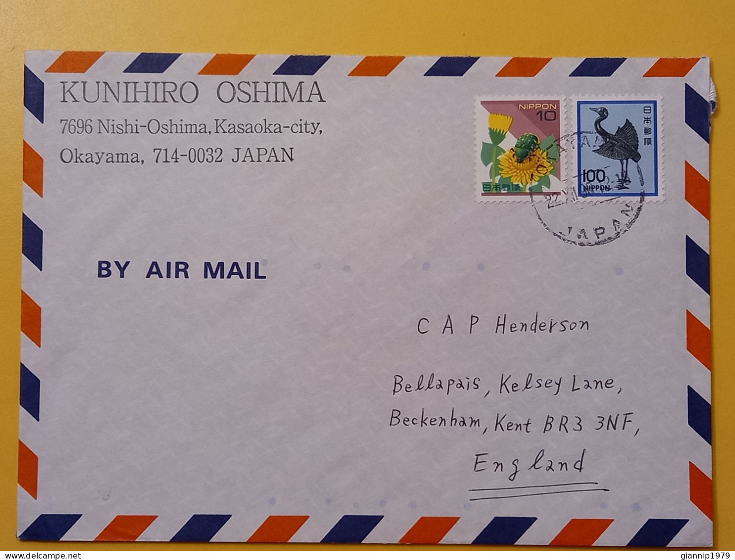 1998 BUSTA COVER AIR MAIL GIAPPONE JAPAN NIPPON BOLLO FIORI FLOWERS UCCELLI BIRDS OBLITERE' OKAYAMA FOR ENGLAND - Covers & Documents