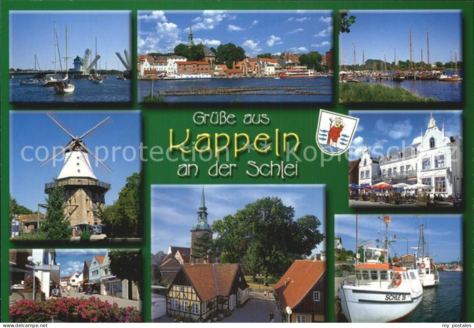72424177 Kappeln Schlei Hafenpartien Teilansicht Strand Windmuehle Kirche Marktp - Kappeln / Schlei
