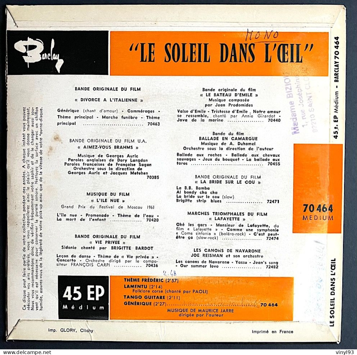 1961 - EP 45T B.O Du Film "Le Soleil Dans L'oeil" - Musique De Maurice Jarre - Barclay 70 464 - Filmmusik