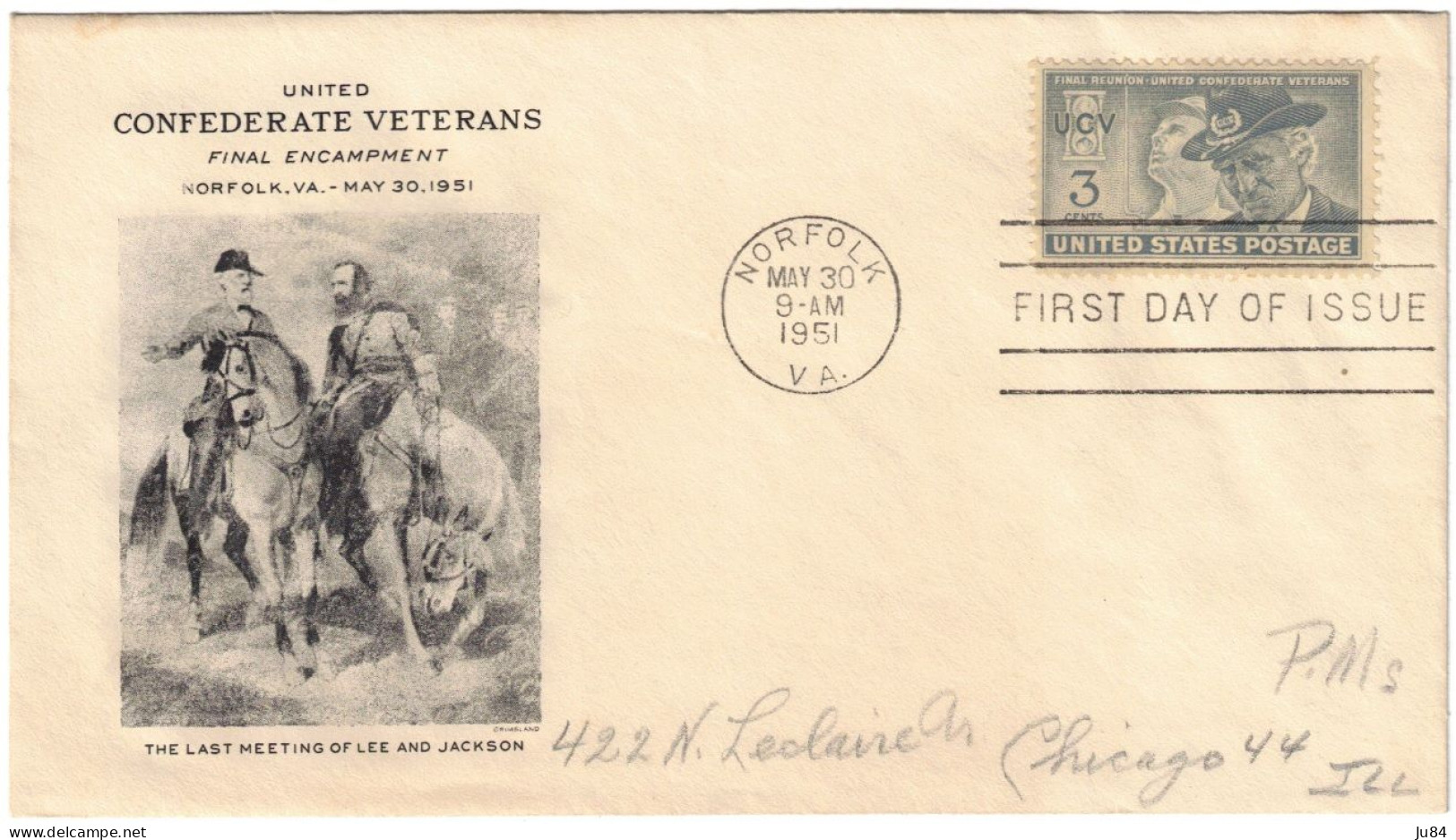 USA - États-Unis - Norfolk - FDC - United Confederate Veterans - Lettre Pour Chicago - 30 Mai 1951 - 1951-1960