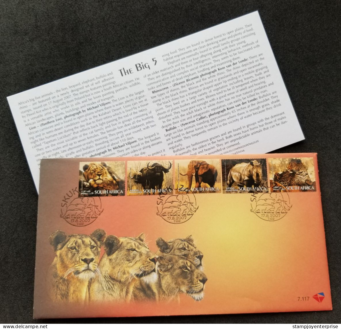 South Africa Big Five 2007 Wildlife Lion Big Cat Elephant Rhino Elephant Leopard Ox (stamp FDC) - Briefe U. Dokumente