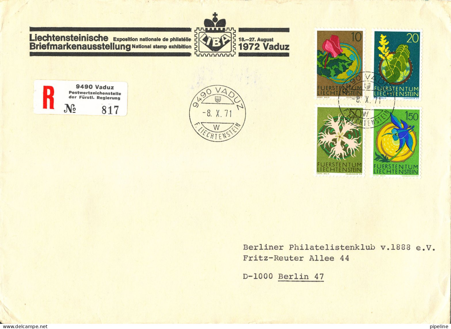 Liechtenstein Registered Cover Sent To Germany 8-7-1971 With Complete Set Of 4 FLOWERS - Storia Postale