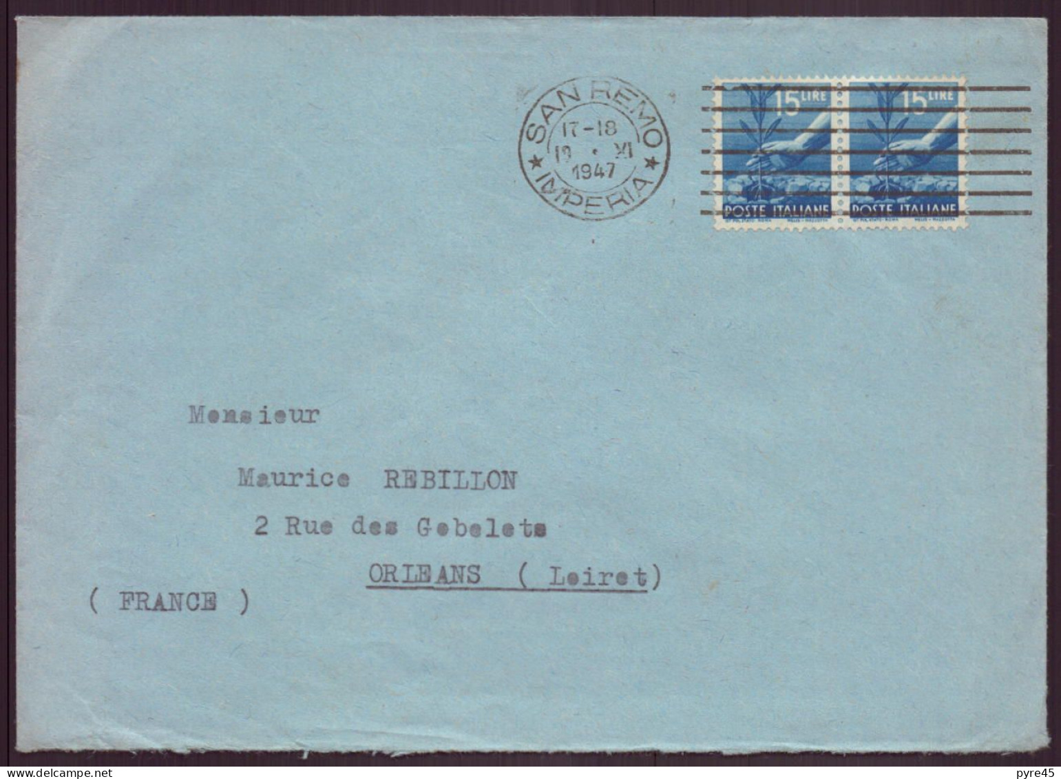 ITALIE ENVELOPPE DE 1947 SAN REMO POUR ORLEANS - 1946-47 Période Corpo Polacco