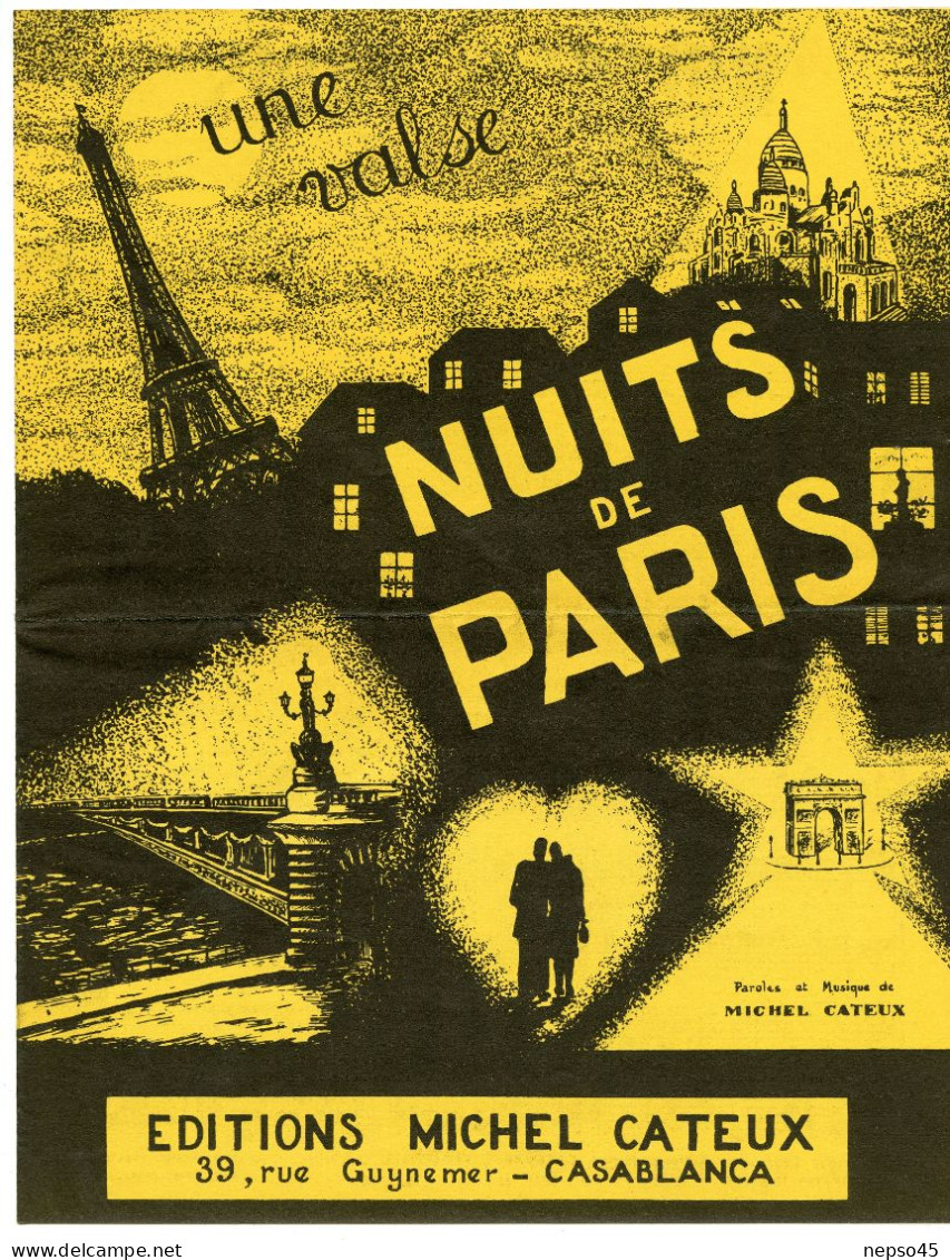 Partition Musique.Nuit De Paris.Tour Eiffel.Sacré-Coeur.La Seine Arc Triomphe Place De L'étoile Amoureux.1956. - Sonstige & Ohne Zuordnung