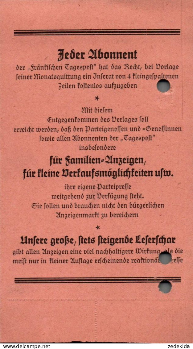 G9216 - Nürnberg Fürth Fränkische Tagespost Abo Quittung Zahlschein Goldmark - 1900 – 1949