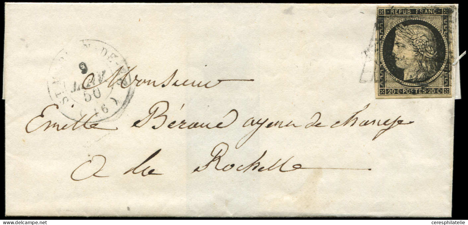 Let EMISSION DE 1849 - 3    20c. Noir Sur Jaune, Obl. GRILLE S. LSC, Càd T15 ST M(ARTIN)-DE-RE 9/1/50, TB - 1849-1876: Période Classique