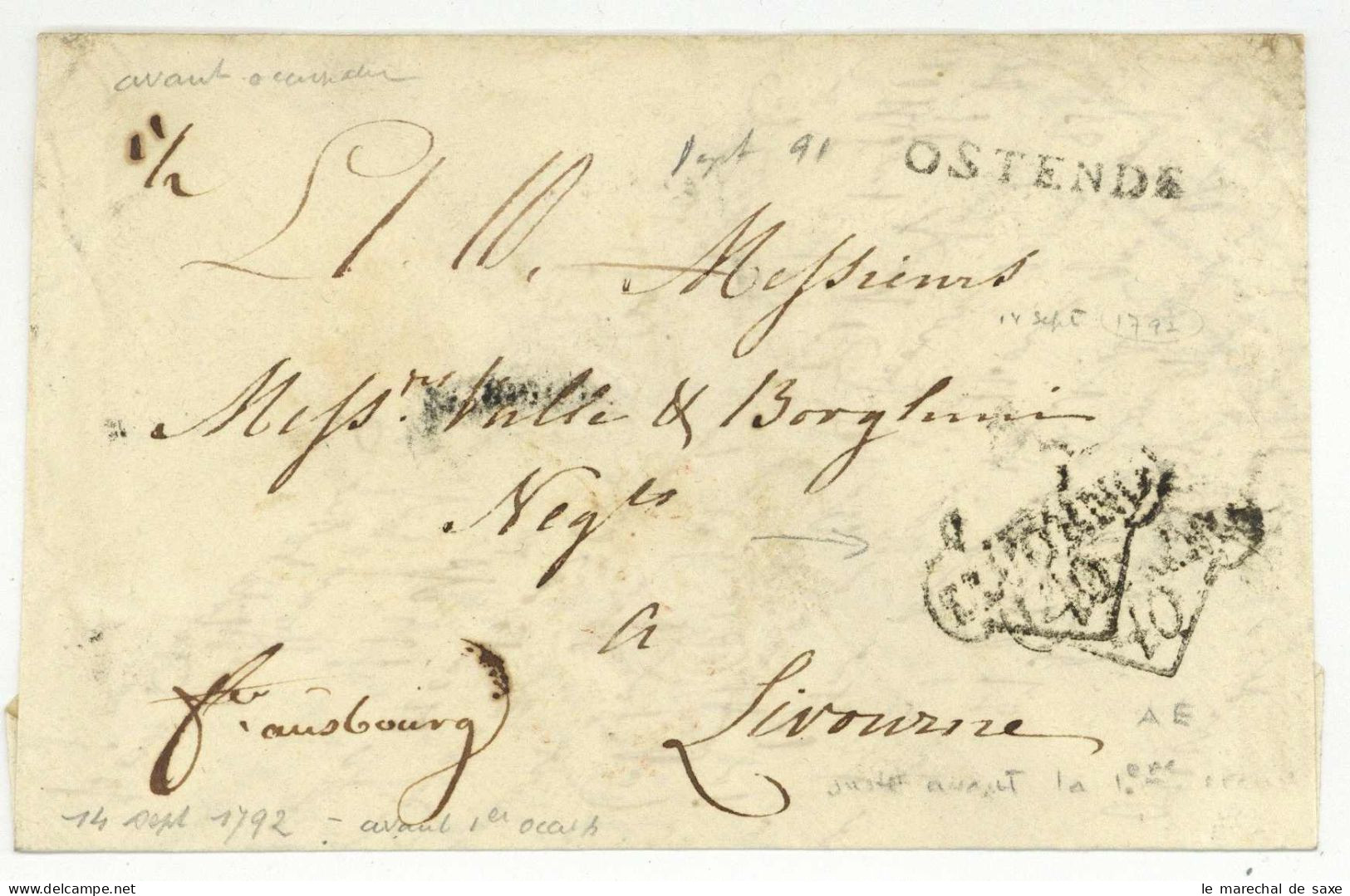 OSTENDE 14 Septembre 1792 Pour Livourne Livorno Franco Augsburg Juste Avant La Premiere Occupation - 1792-1815: Conquered Departments