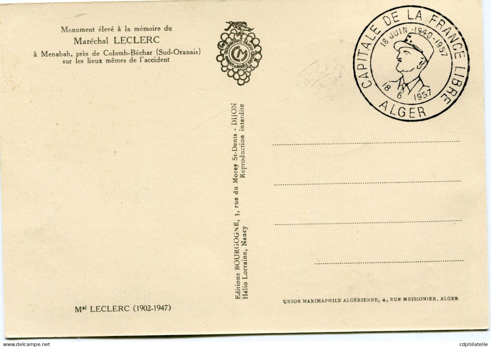 ALGERIE CARTE MAXIMUM DU N°345 17e ANNIVERSAIRE DE L'APPEL DU 18 JUIN AVEC OBL ILL CAPITALE DE LA FRANCE LIBRE.......... - Maximumkarten