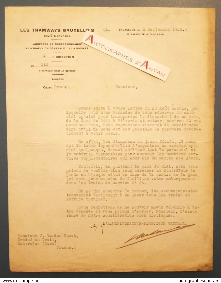 ● LES TRAMWAYS BRUXELLOIS Lettre 1924 à M Vanden Bosch à Wattrelos (Nord France) Belgique Transport Vilvorde Bruxelles - Transports