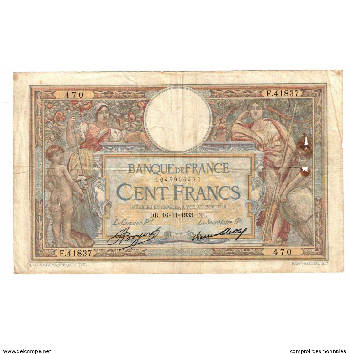 France, 100 Francs, Luc Olivier Merson, 1933, F.41837, TB, Fayette:24.12, KM:78c - 100 F 1908-1939 ''Luc Olivier Merson''