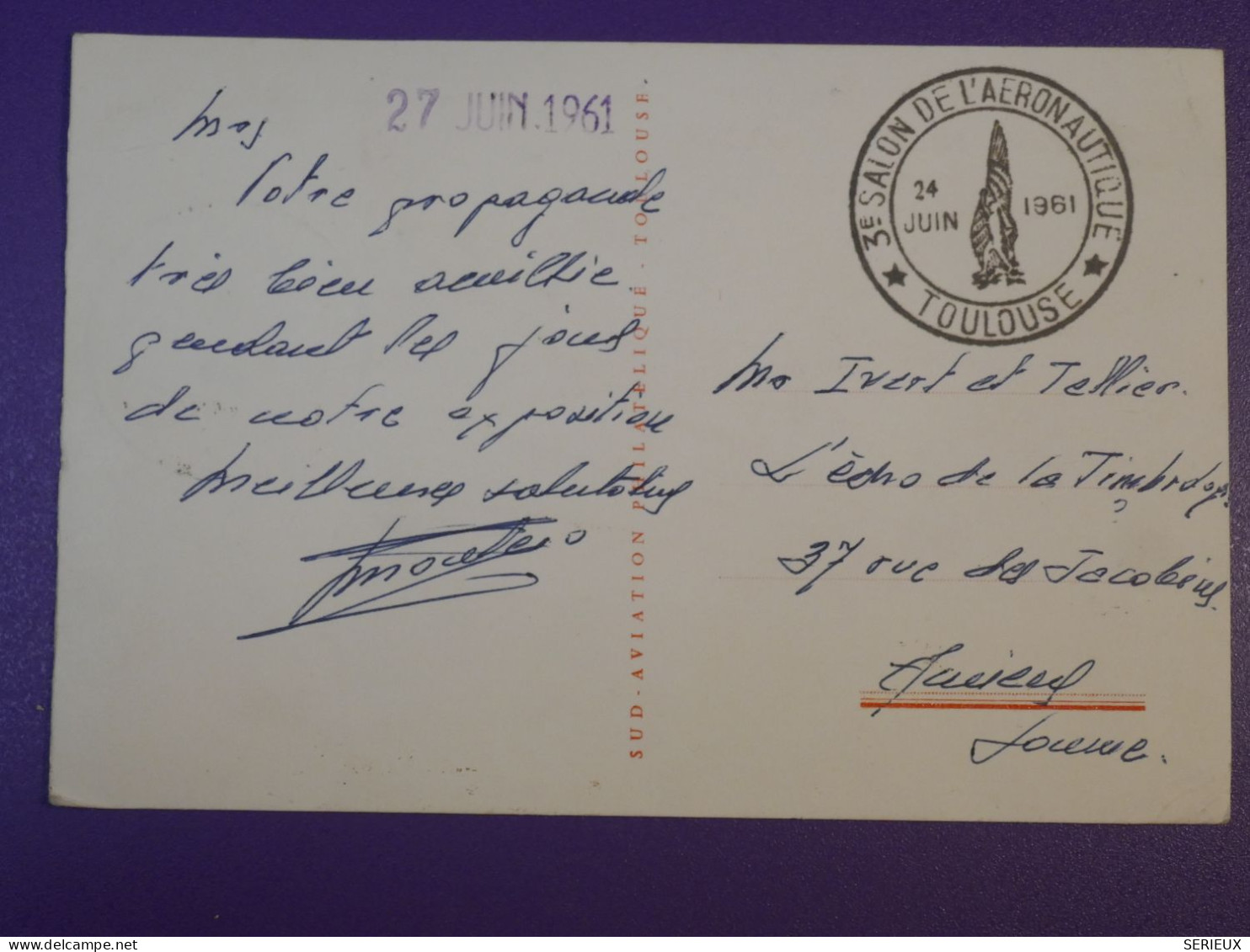 F0   FRANCE  BELLE CARTE 1946 1ER MEETING  AVIATION  TOULOUSE A AMIENS YVERT +AEROPHILATELIE +AFF. INTERESSANT+++ - 1927-1959 Lettres & Documents
