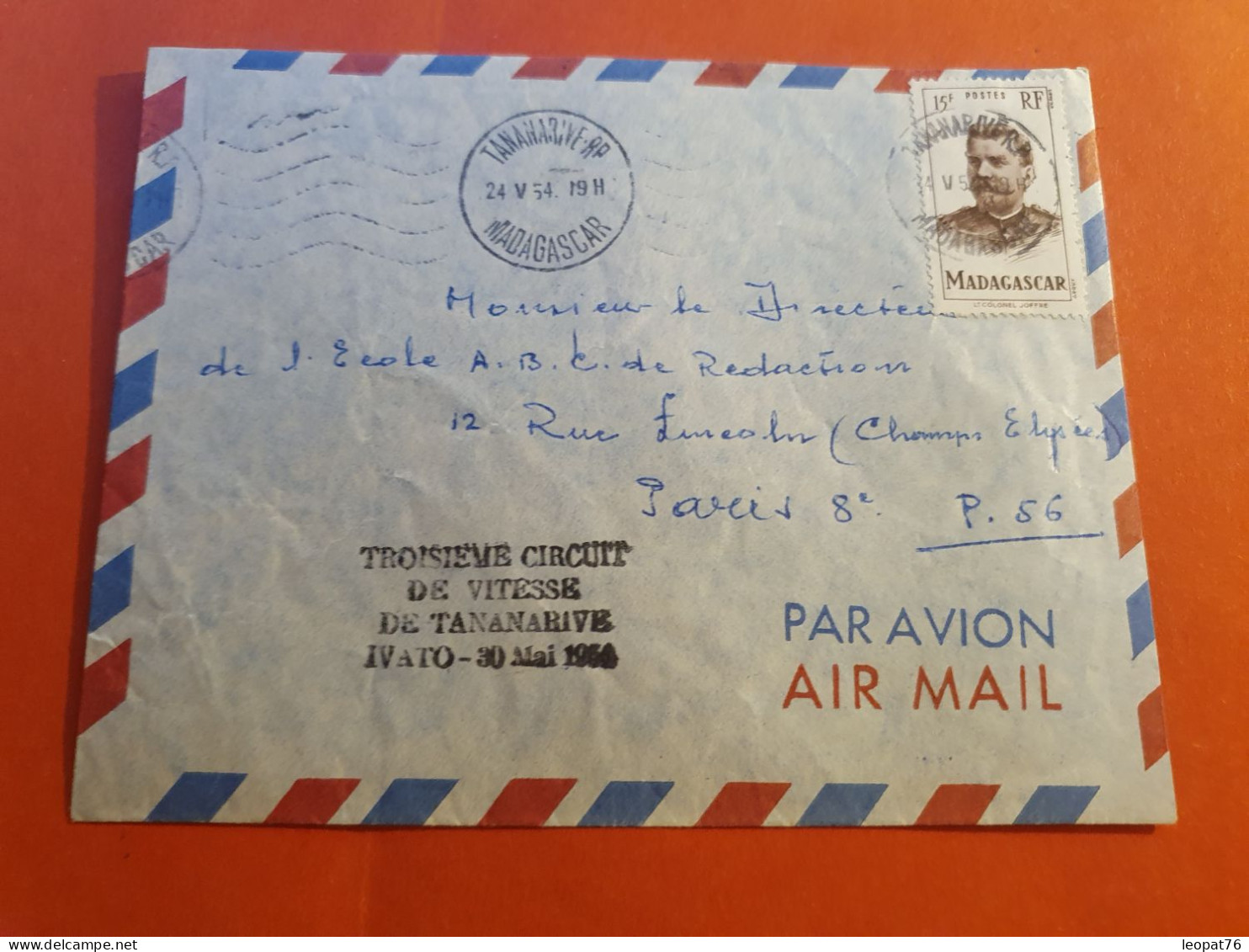 Madagascar - Cachet Du 3ème Circuit De Vitesse De Tananarive Ivato Sur Enveloppe En 1954 Pour Paris - J 101 - Storia Postale