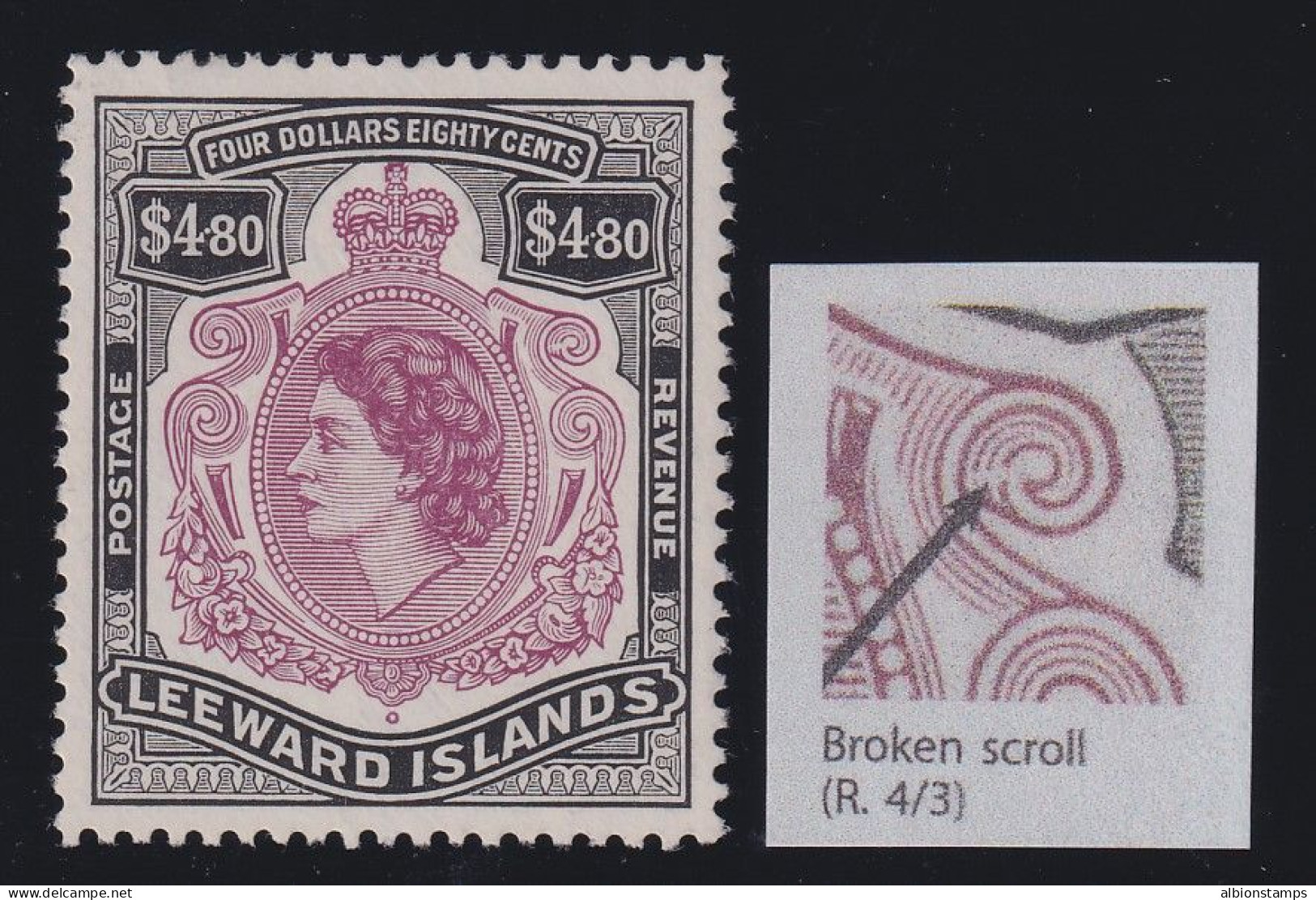 Leeward Islands, SG 140a, MLH "Broken Scroll" Variety - Leeward  Islands