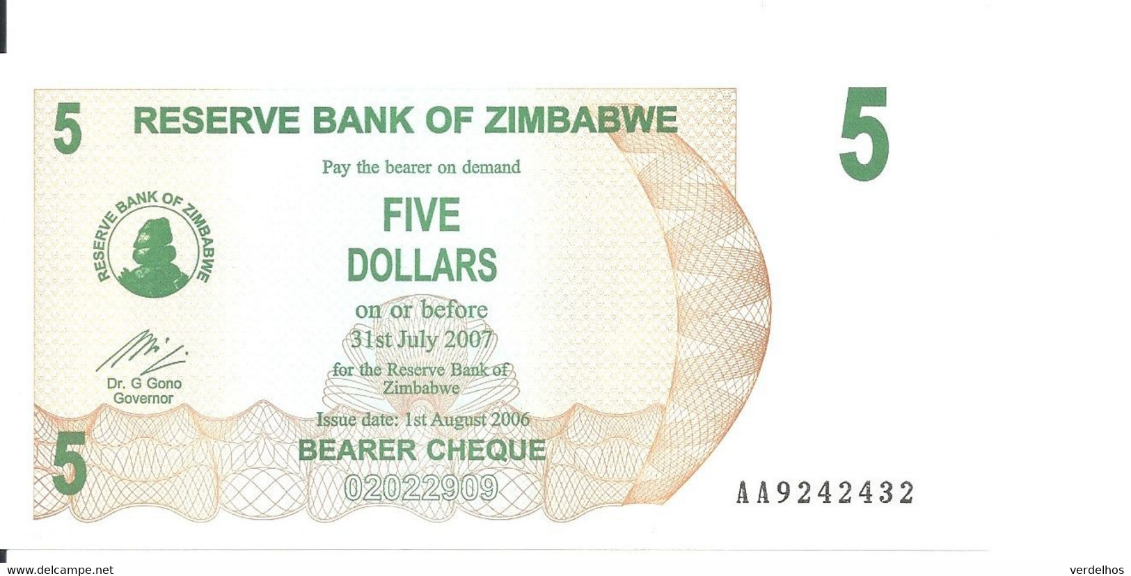 ZIMBABWE 5 DOLLARS 2006 UNC P 38 - Zimbabwe