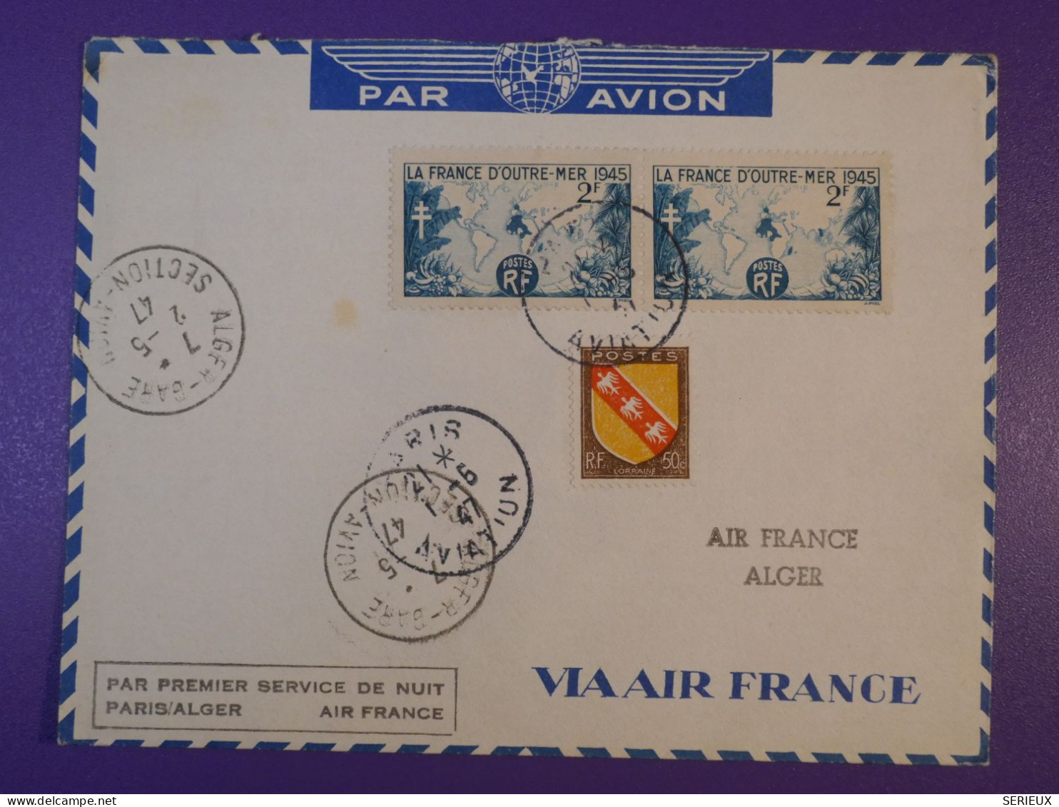 DG5   FRANCE   BELLE LETTRE  1947 1ER SERVICE PARIS ALGER AIR FRANCE    +AEROPHILATELIE +AFF. INTERESSANT+++ - Premiers Vols