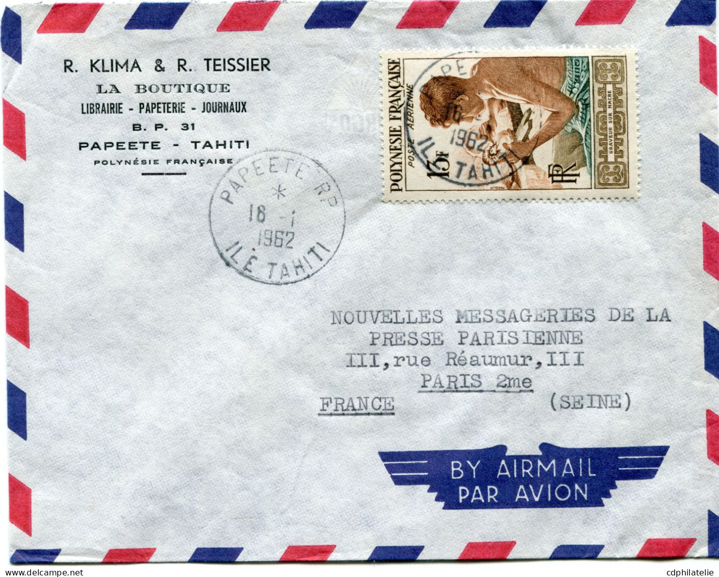 POLYNESIE FRANCAISE LETTRE PAR AVION DEPART PAPEETE 16-1-1962 POUR LA FRANCE - Covers & Documents