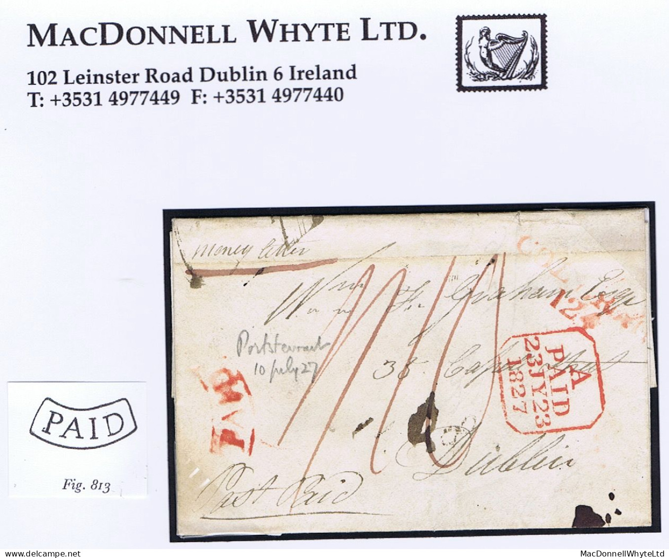 Ireland Registration Derry 1827 "Money Letter" To Dublin Paid Double "1/10" With Arc PAID Of Coleraine COLERAIN/124 - Voorfilatelie