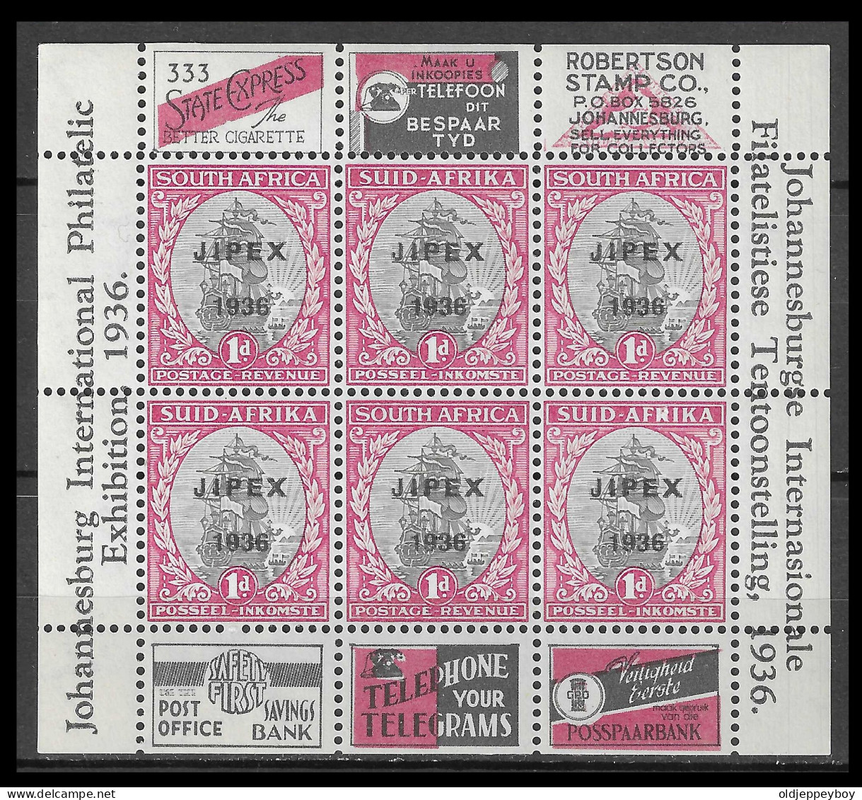 South Africa (**) - Van Riebeeck's Ship, Overprinted | Johannesburg Philatelic Exhibition JIPEX | MNH, 1936, Mi. Block 2 - Blokken & Velletjes