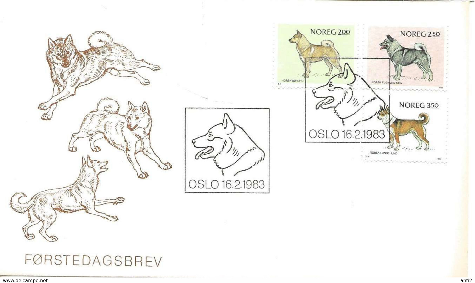 Norge Norway 1983 Norwegian Dog Breeds,Norwegian Buhund,.Norwegian Elkhound, Norwegian Lundspitz  Mi 878-880, FDC - Cartas & Documentos