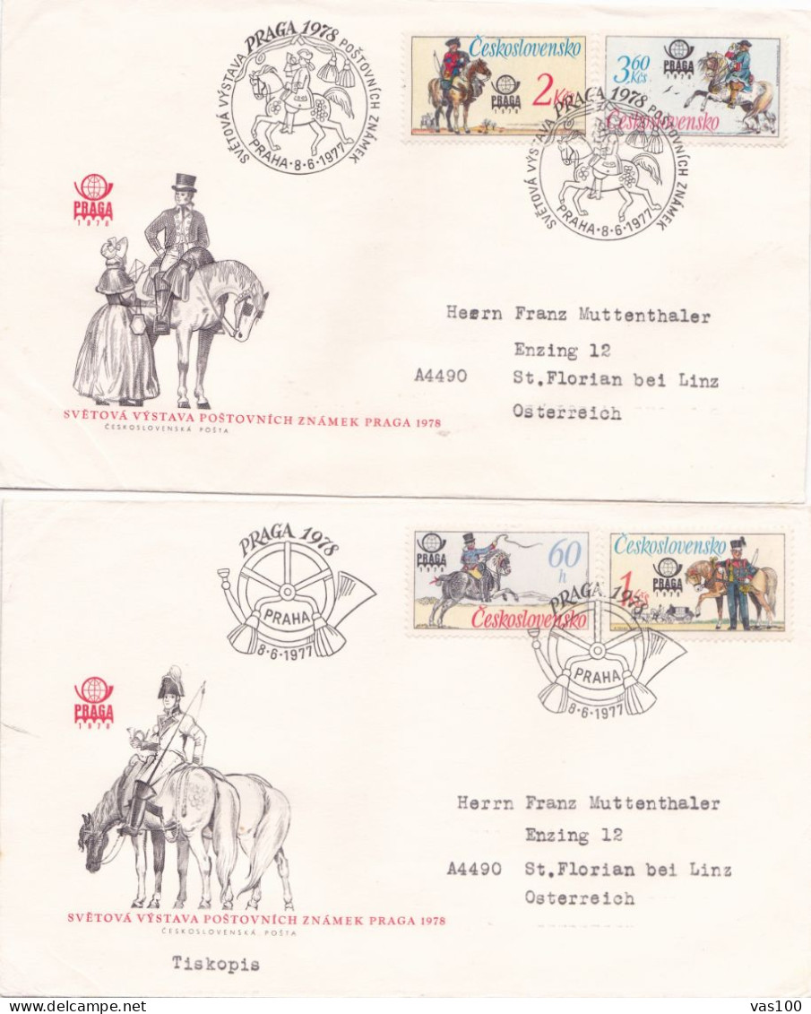 EXHIBITION PRAGUE HORSES  2 COVERS FDC  CIRCULATED 1977 Tchécoslovaquie - Briefe U. Dokumente