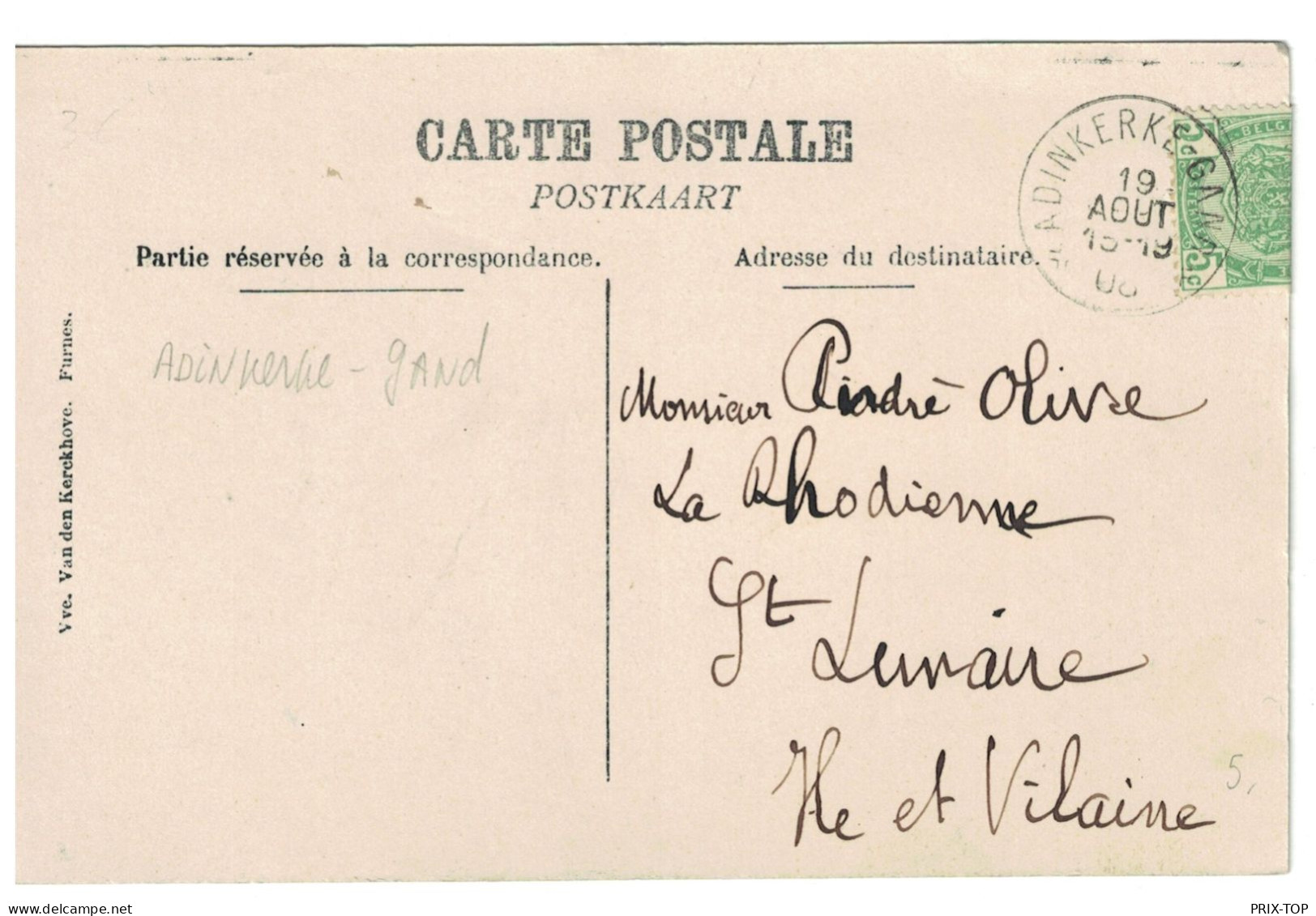 TP 83 S/CP Furnes - Veurne Obl. Ambulant ADINKERKE - GAND 19 AOÛT 18-19 08 > France - Bahnpoststempel