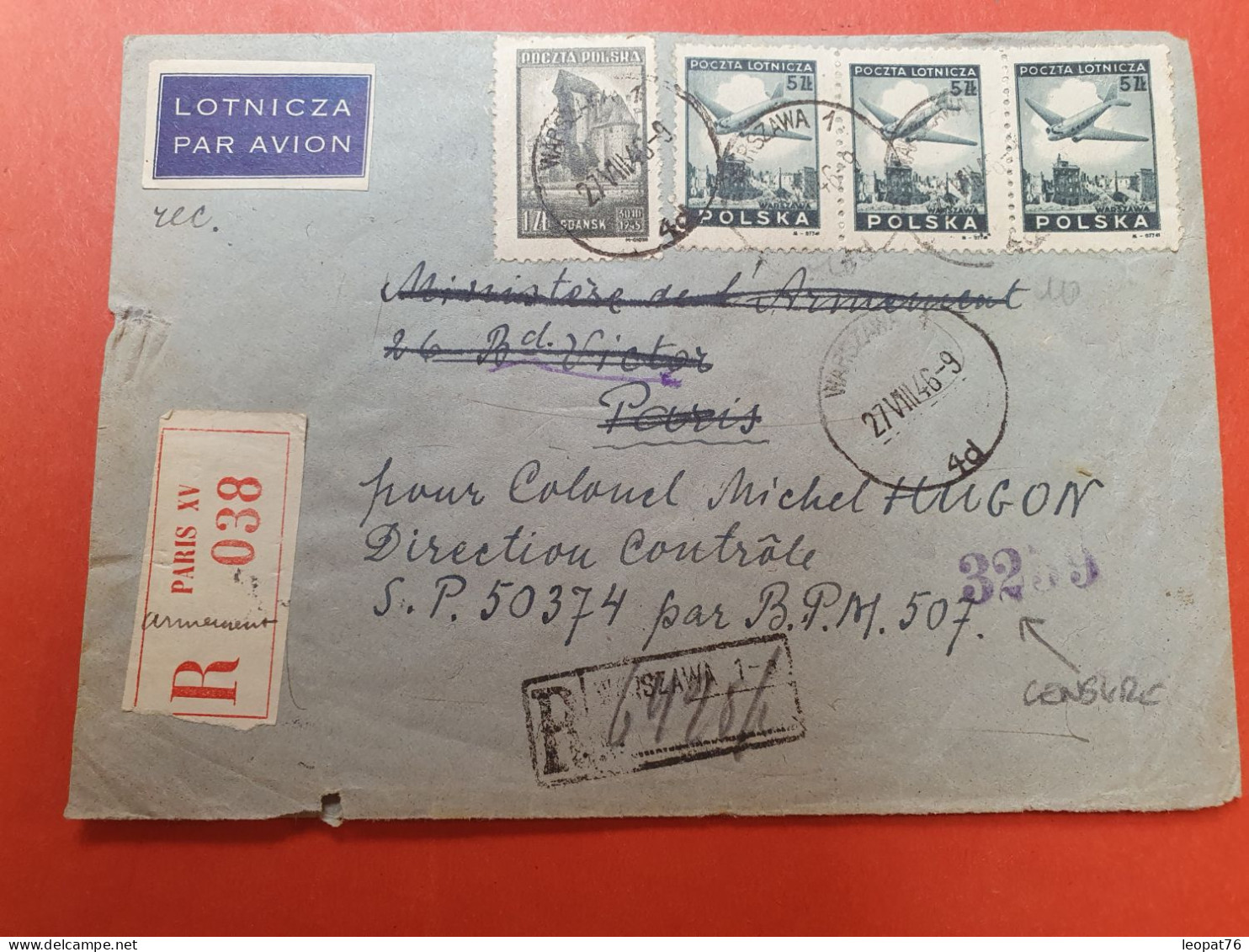 Pologne - Enveloppe En Recommandé De Warszawa Pour Paris Et Redirigé Vers SP 50374 En 1946 Avec Cachet De Censure- J 210 - Covers & Documents