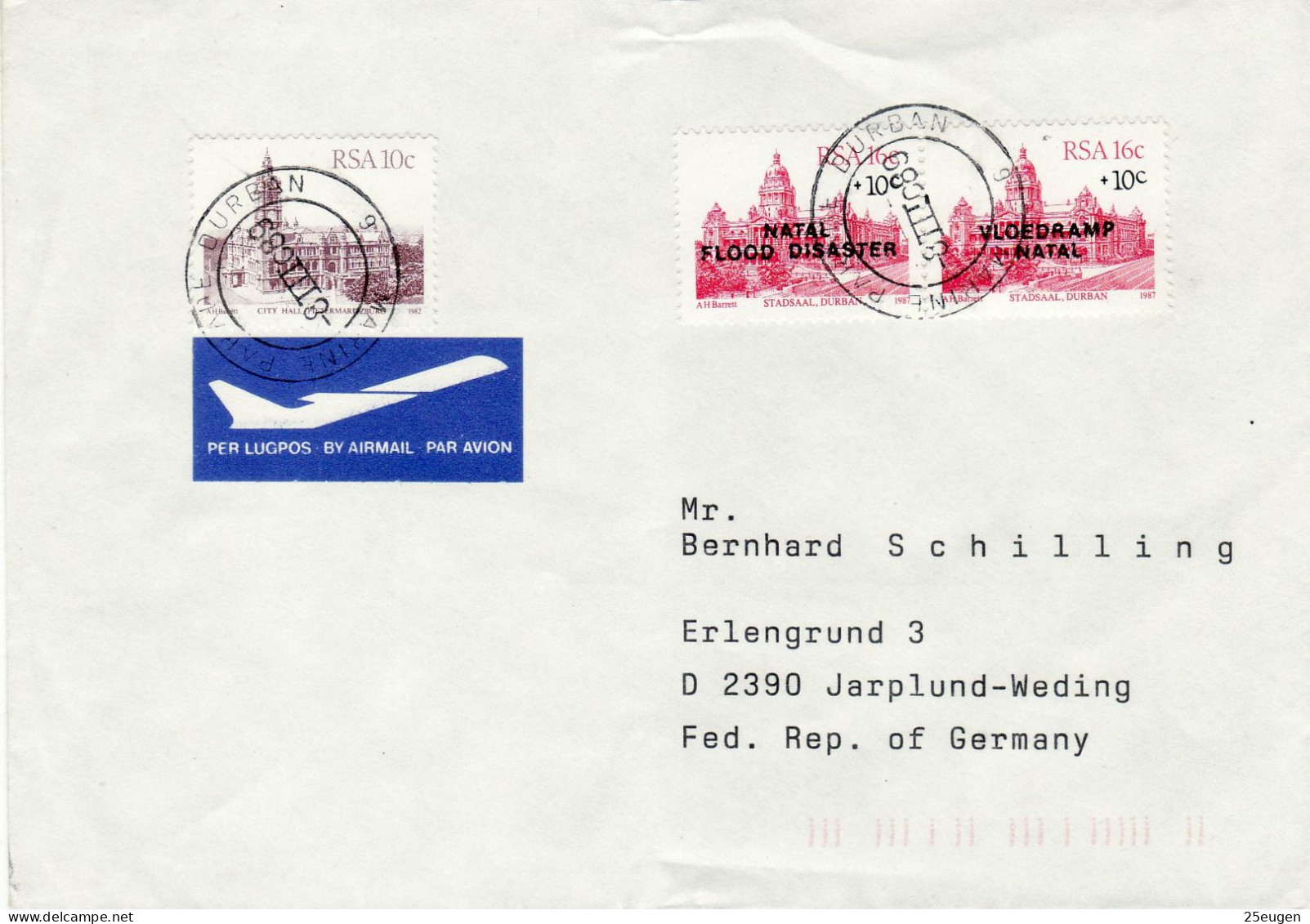 SOUTH AFRICA 1989 AIRMAIL LETTER SENT FROM DURBAN TO JARPLUND - Covers & Documents