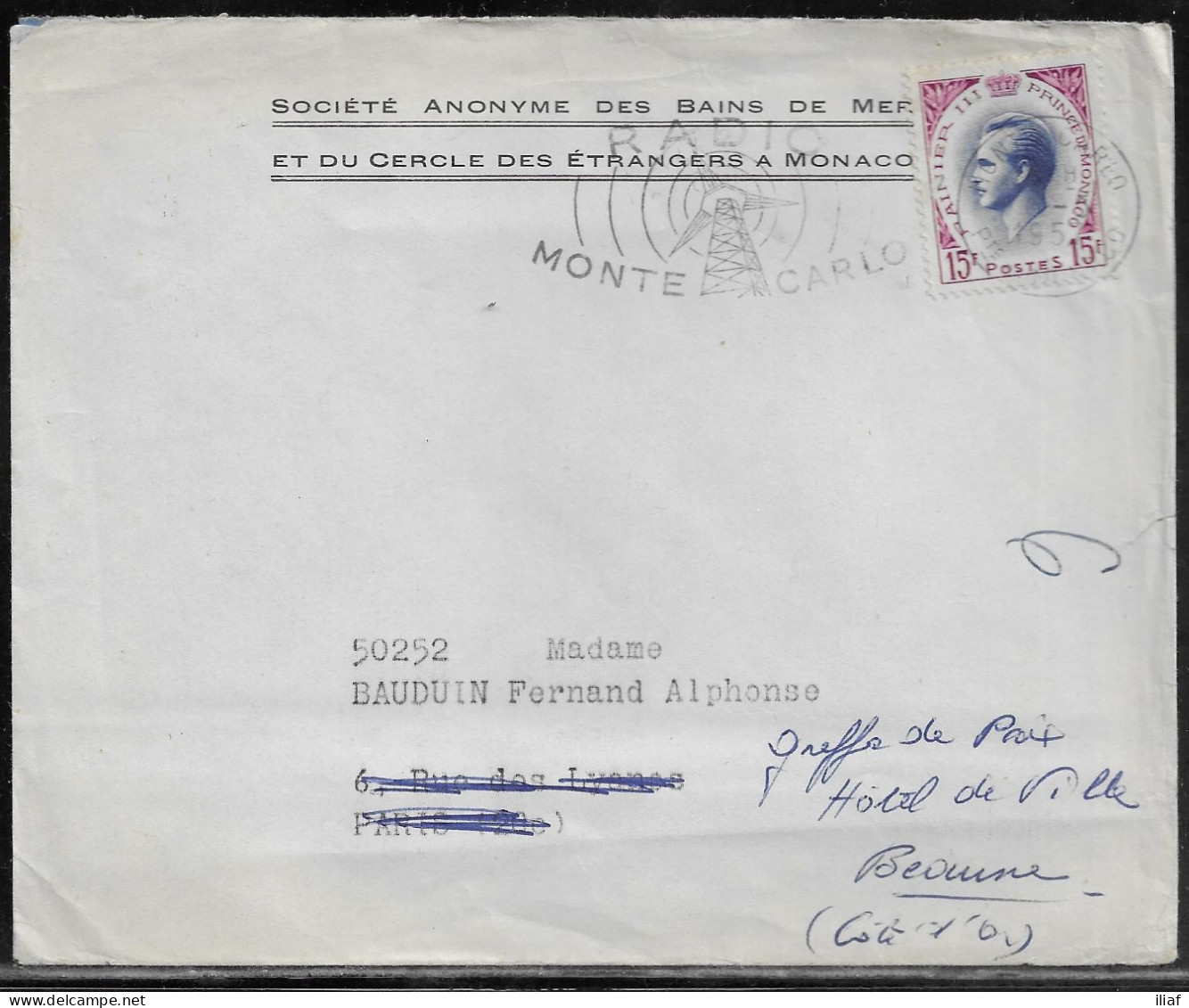 Monaco. Stamps Sc. 337 On Letter, Sent From Monte-Carlo, Monaco On 6.05.1957 To Paris, France, RADIO MONTE CARLO Slogan - Covers & Documents