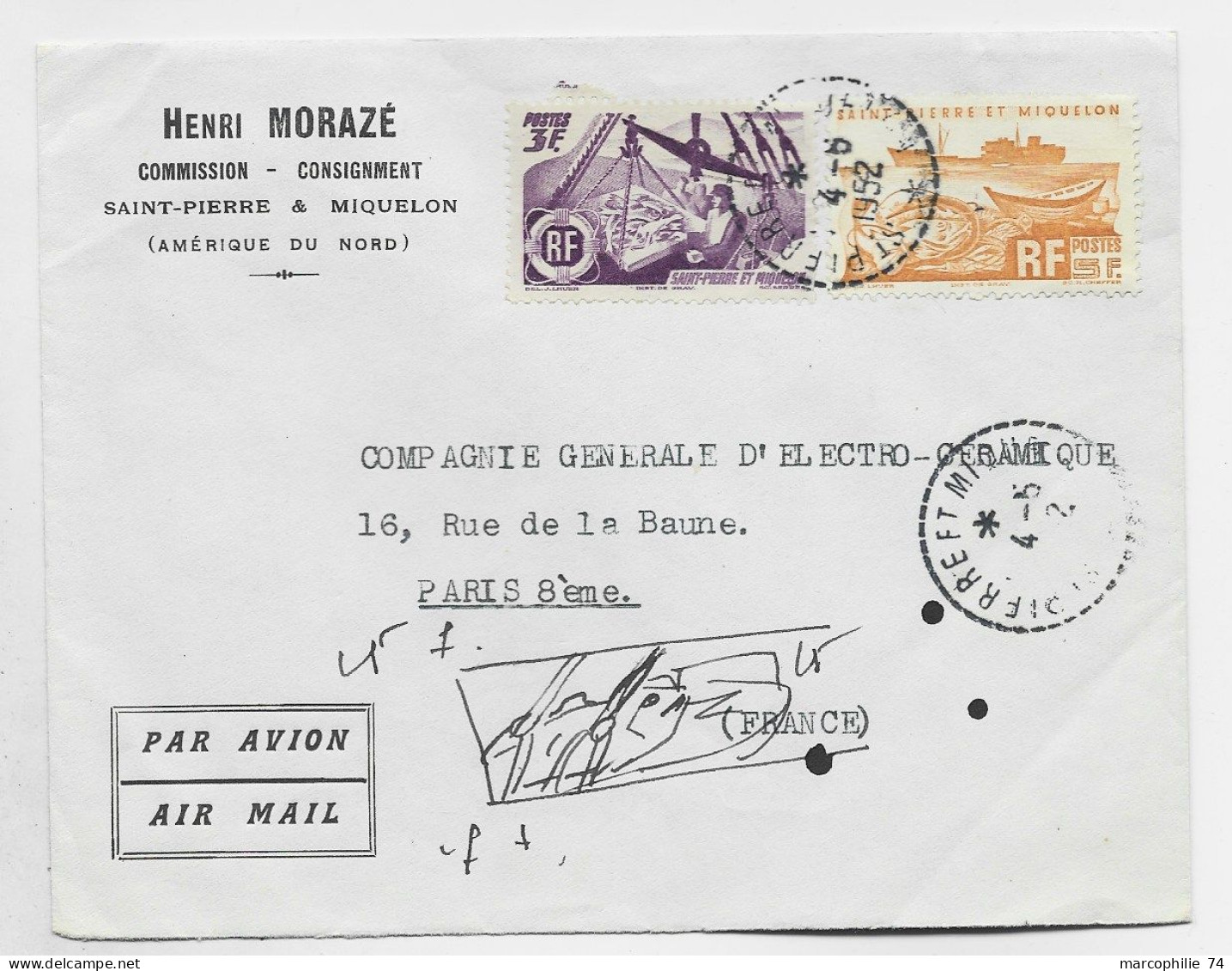 SAINT PIERRE ET MIQUELON 3FR+5FR LETTRE AVION COVER C. PERLE SAINT PIERRE ET MIQUELON 4.5.1952 - Lettres & Documents