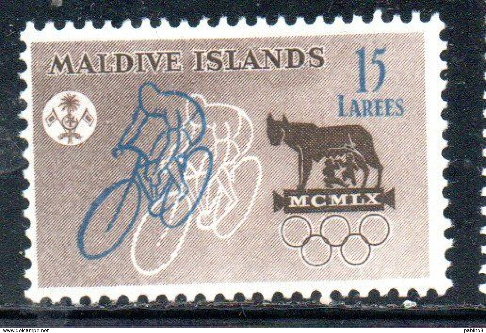 MALDIVES ISLANDS ISOLE MALDIVE BRITISH PRETOCTARATE 1960 OLYMPIC GAMES ROME BICYCLIST 15L MLH - Malediven (...-1965)