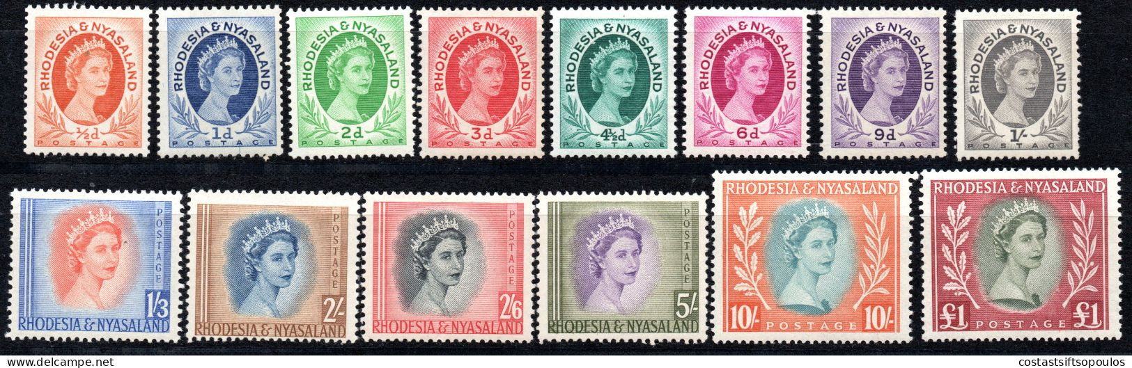 2325. RHODESIA & NYASALAND 1954 SG. 1-15 MNH (- 3a 2.5 D, 5 4d.)14 VALUES - Rhodesien & Nyasaland (1954-1963)