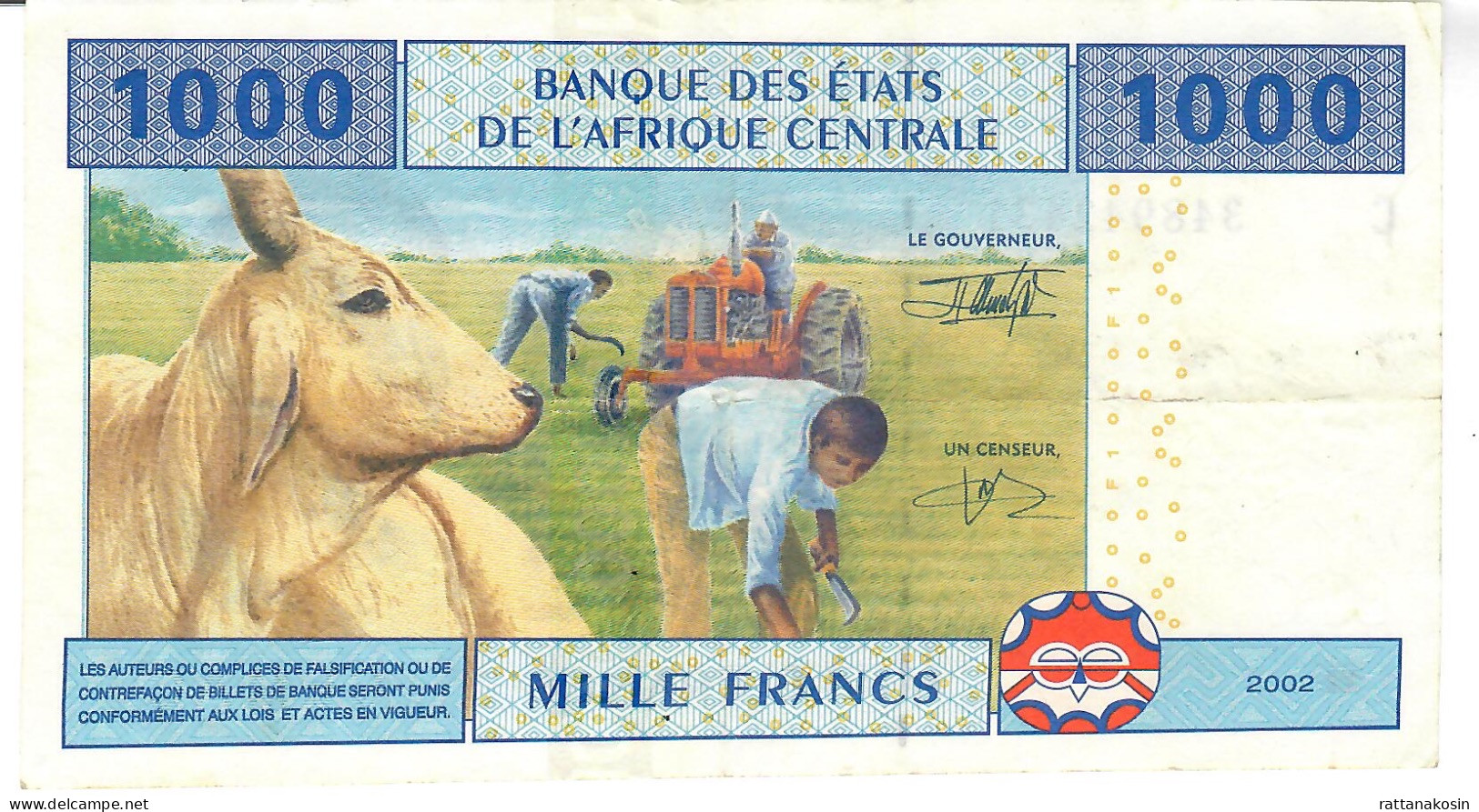 C.A.S. CHAD LETTER C  P607Ca 1000 Francs 2002 SIGNATURE 5 = FIRST SIGNATURE   VF  NO P.h. - États D'Afrique Centrale