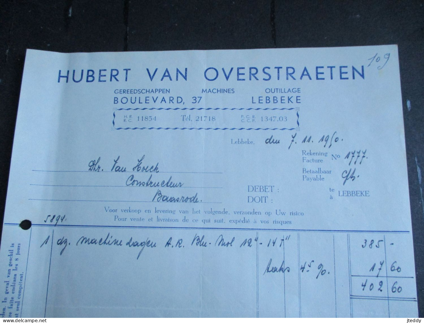 Oude  Faktuur   1950 Met 3 Ficale Gestempelde Zegels   HUBERT  VAN  OVERSTRAETEN   BOULEVARD  37   LEBBEKE - Lebbeke