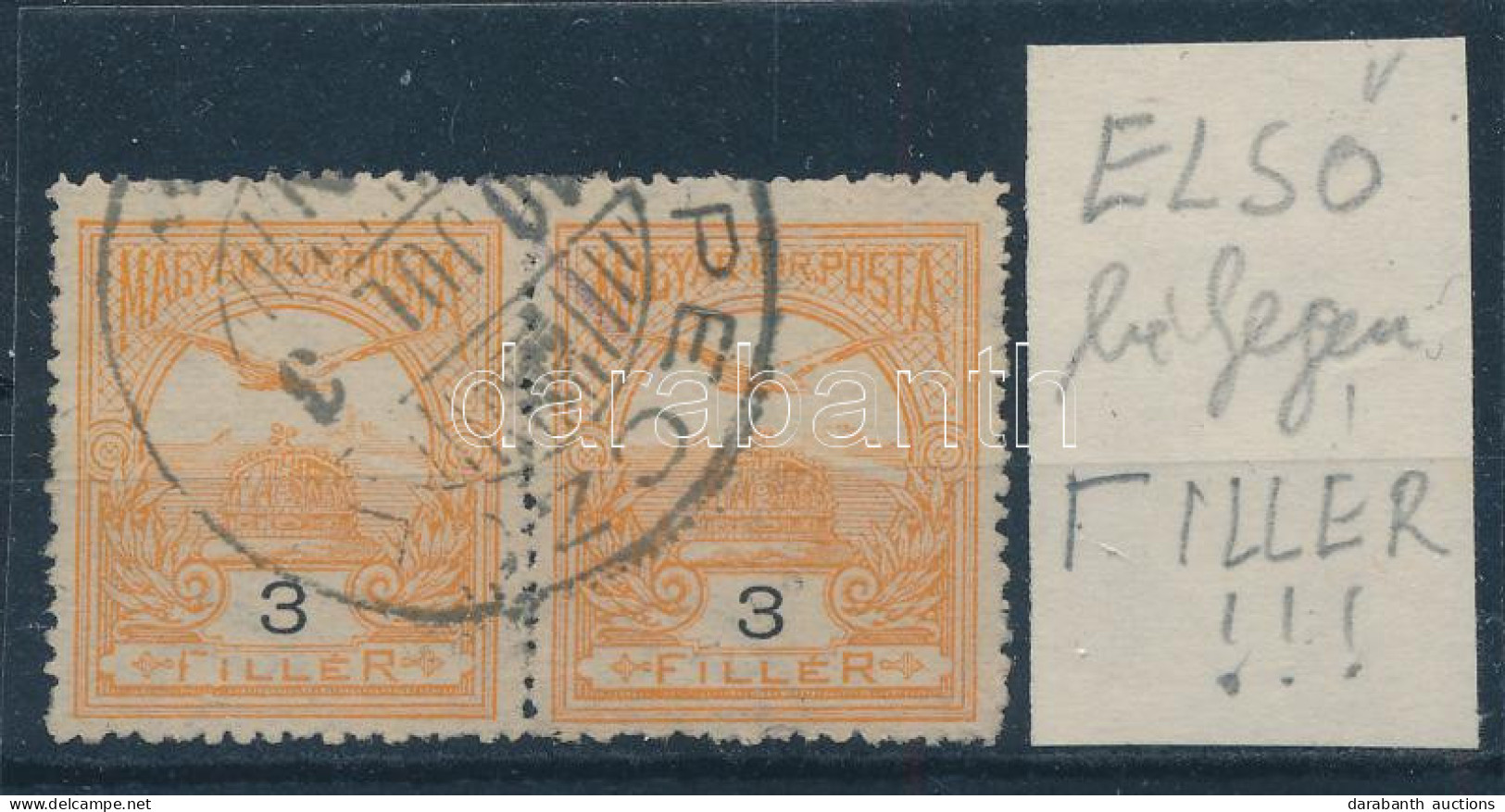 O 1906 Turul 3f Pár, A Bal Oldali Bélyegen Lemezhiba A Fillér Szóban / Mi 76 C Pair With Plate Flaw - Autres & Non Classés