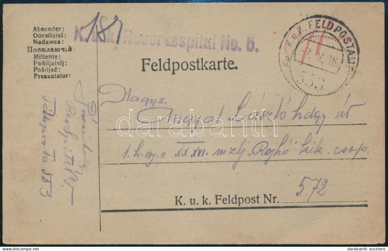 1918 Tábori Posta Levelezőlap / Field Postcard "K.u.k. Reservespital No.5." + "FP 553" - Other & Unclassified