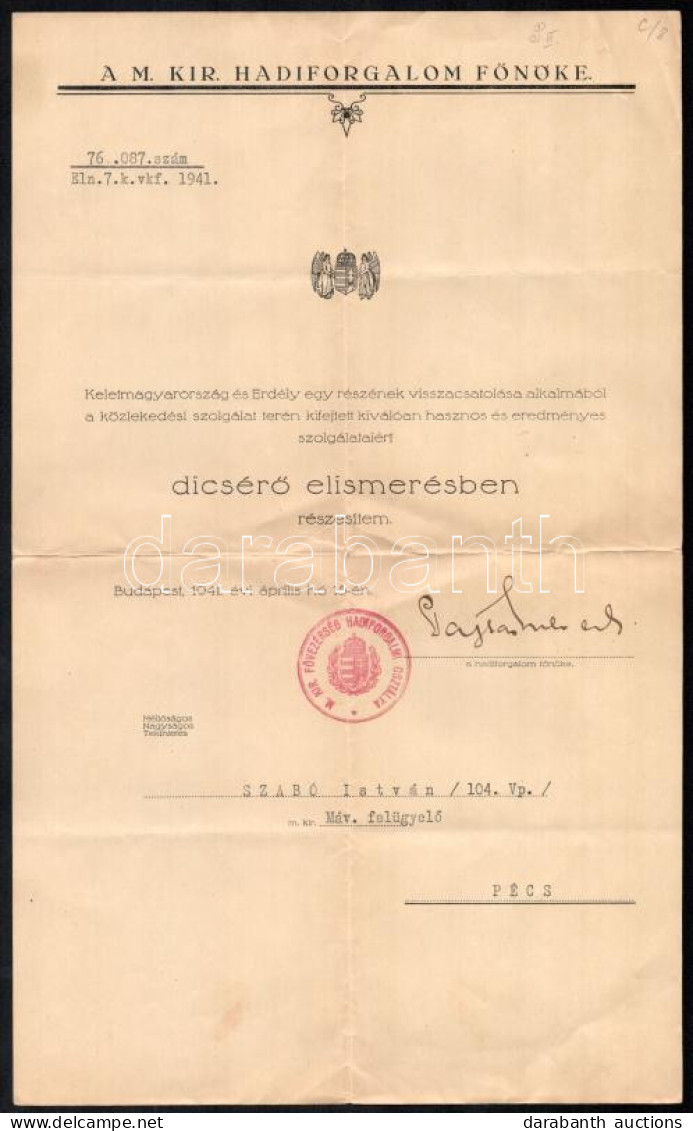 1941 M. Kir. Hadiforgalom Főnökség Dicsérő Elismerése, MÁV Felügyelő Részére. - Andere & Zonder Classificatie